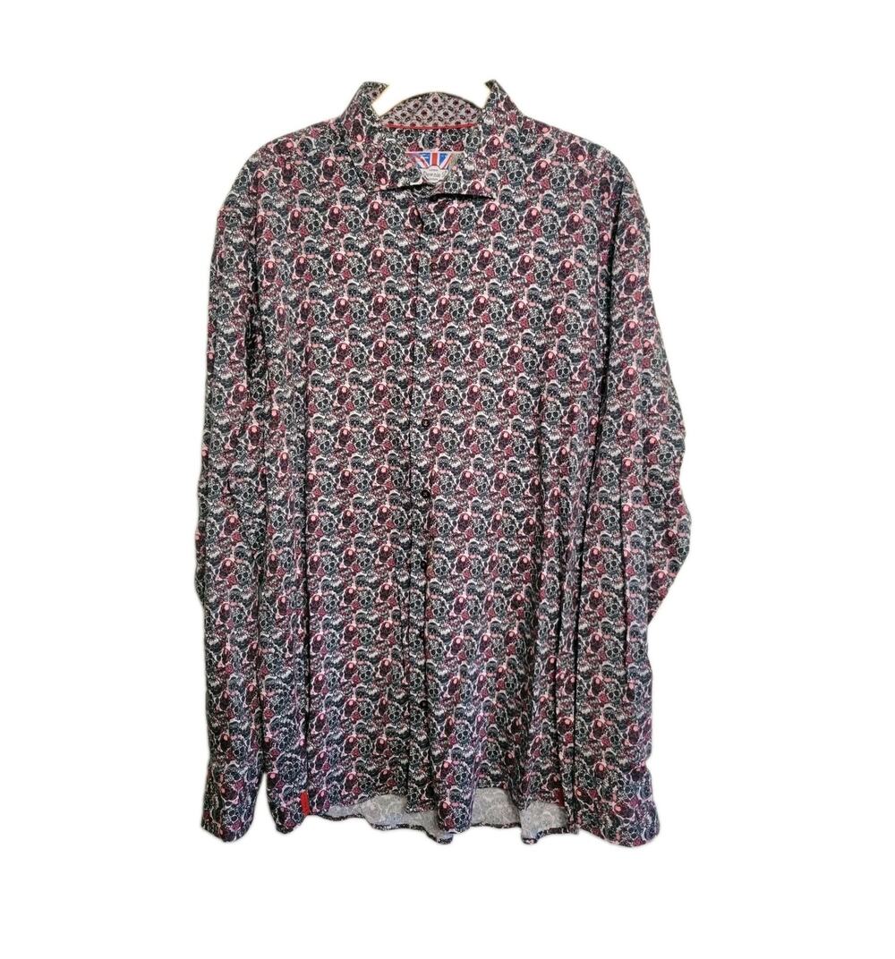 7 Downie St Shirt Men Size 6 Sugar Skull Print Couture Button Up Long Sleeve